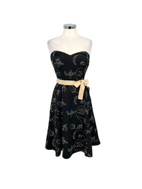 White House Black Market Floral Strapless Retro Dress Black Beige Size 6